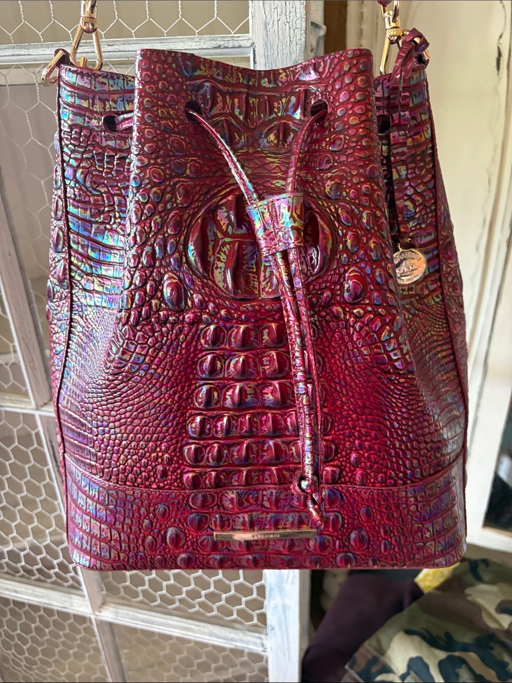 Brahmin Iridescent Red Croc-Embossed Drawstring Bucket Bag
